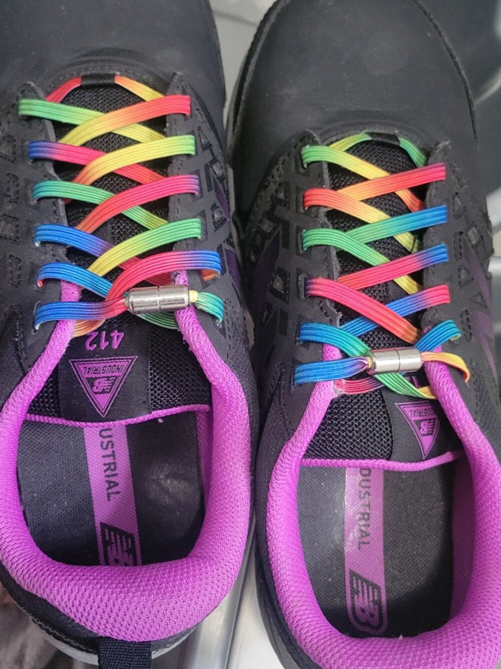 New Balance size 10 steel toe nonslip shoes rainbow self tie laces laces